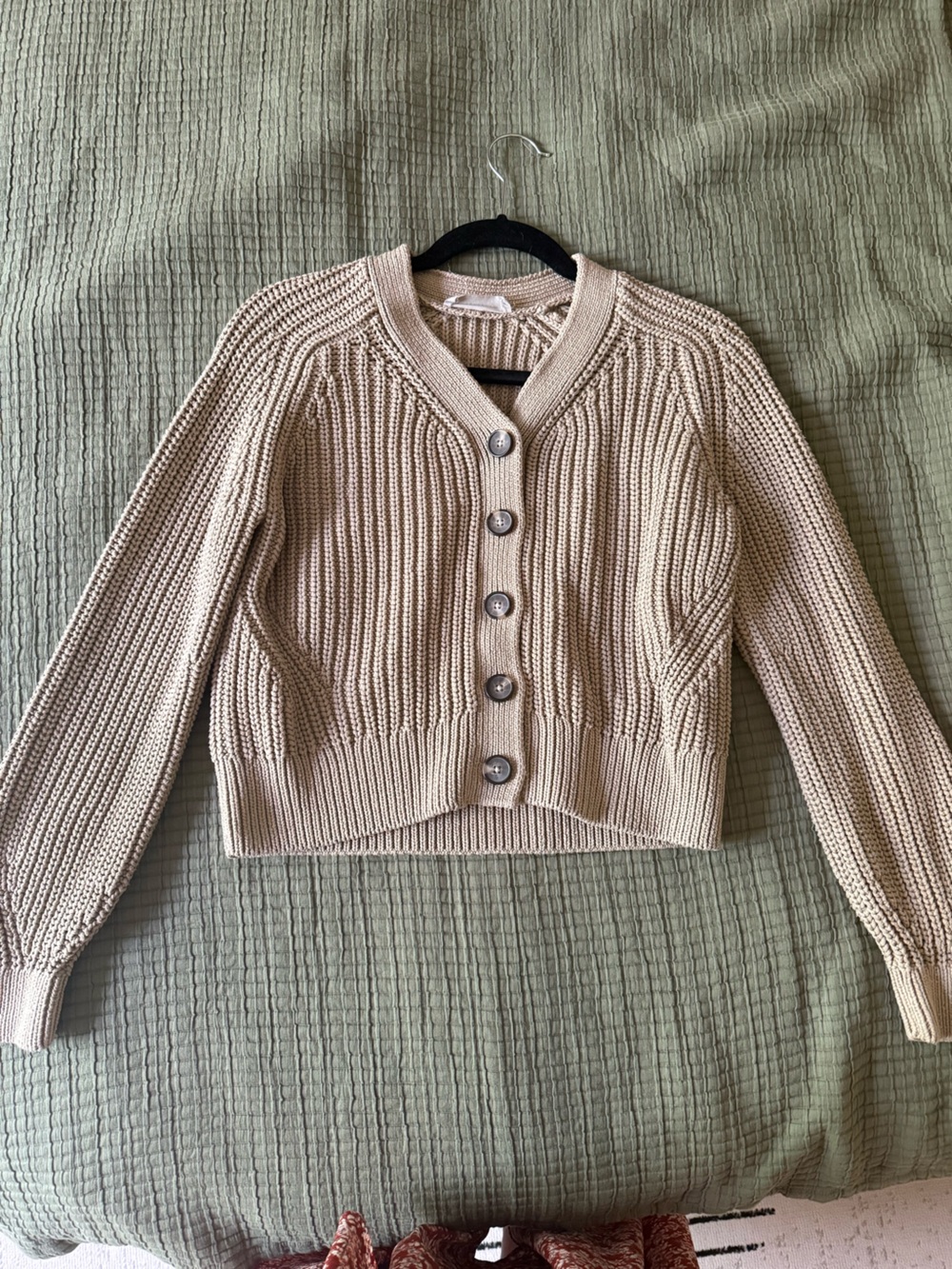 Everlane Field Green Ribbed Button-Front Cardigan Sweater